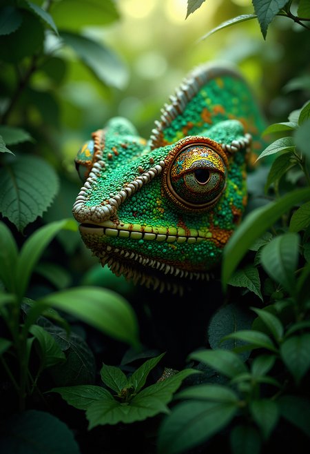 A highly detailed image of a chameleon blending seamlessly into the dense, green foliage of a jungle. The chameleon's scales match the surrounding leaves almost perfectly, with intricate patterns and shades of green, making it nearly invisible. The only part that stands out is its large, vibrant eyes, which glow in a bright orange-yellow hue, creating a striking contrast against the natural background. The sunlight filters softly through the leaves, adding depth and texture to the scene, and highlighting the subtle contours of the chameleon's body.    <lora:FluxMythP0rtr4itStyle:0.8> MythP0rt,  <lora:aidmaImageUpgrader-FLUX-V0.1:0.33> detailmaximizer,
