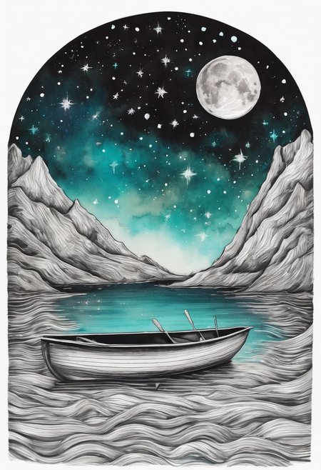 Hand drawing with pastel watercolors of a girl sitting in a small wooden boat fishes for stars in a turquoise lake as if they were dreams she would be pleased to capture.
Bioluminescent stardust spreads from the girl head up into the black night sky.
The stars in the lake and on the fishing rod are the only source of low luminetric ligths in this scene besides the stardust.
<lora:add-detail-xl:0.60>, <lora:xl_more_art-full_v1:0.40>, <lora:wowifierXL:0.50> art by mooncryptowow, <lora:LineAniRedmondV2-Lineart-LineAniAF:0.8> lineart, LineAniAF, <lora:caogao:0.8> sketch