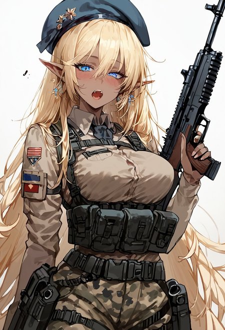 score_9, score_8_up, score_7_up, score_6_up, score_5_up,  <lora:frengXLP:1> freng, 1girl, 
anastasia faizland, 1girl, solo, very long hair, breasts, looking at viewer, blush, open mouth, blue eyes, blonde hair, medium breasts,, long pointy ears,, elf, ak-74u, assault rifle, belt, carbine, earmuffs, looking at viewer, gun, handgun, beret, holding, holding gun, holding weapon, holster, pouch, , rifle, tactical clothes, camouflage uniform, uniform, weapon, Jungle, Jungle camo, detailed eyes、detailed face and detailed skin
BREAK
(score_9, score_8_up, score_7_up), (Masterpiece), (expressive eyes), 1girl, Expressiveh,
Dark Elf, dark skin, pointy ears
<lora:MGE_V5.1:0.5>