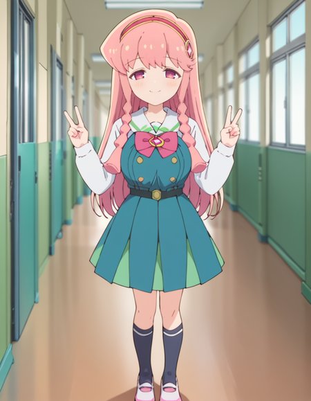 score_9, score_8_up, score_7_up, source_anime, BREAK
1girl, solo, looking at viewer, blurry background, light smile, full body, school, hallway, double v,
mami kirara (puniru wa kawaii slime), long hair, pink hair, hairband, sidelocks, twin braids, pink eyes,
school uniform, sailor collar, white shirt, pink bowtie, long sleeves, pinafore dress, belt, pleated skirt, kneehighs, pink footwear,
<lora:mami_kirara-puniru_wa_kawaii_slime_s1-anime-soralz:1>