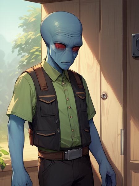 score_7_up, score_8_up, score_9, masterpiece, (1boy, solo,)perfect face, perfect hands, high quality, source_anime, cowboy shot, <lora:Duros_-_Star_Wars:1> duros, 1boy, colored skin, alien, red eyes, blue skin, bald, hiding behind corner, black vest, green undershirt, black pants, utility belt,