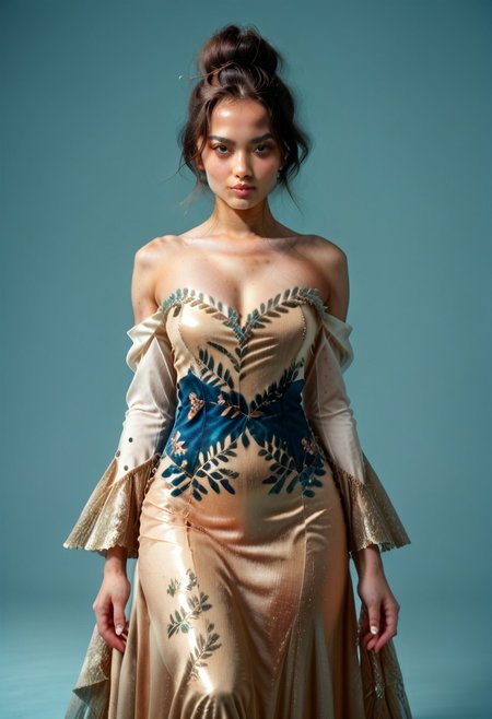 score_9, score_8_up, score_7_up, kebaya dress (long dress, skin tight, strapless, off shoulder, luxurious design),
pureerosface_v1, JDMAI_KEBAYA, JDMAI_ARIEL_SARI, 
(dynamic lighting), (dynamic shadow), 4k, HD, Hi res, cinematic masterpiece, photographic masterpieces, epiCPhoto,
Neat hair bun, professional makeup,
Portrait, upper body, alluring pose, 
(simple turquoise background), (blurry background), (sharp focus on object),