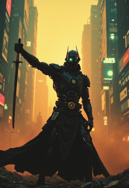 photo of an Dancing Elysium Robot Cyborg Samurai with hands in the air, macro, flowing Cape, a captivating vibrant dark capturing the essence of a cyborg Bedouin sorcerer in fight stance, standing infront of dystopian megacity. ethereal, smoky backdrop. a translucent Grey, yellow/tanslucent amber/black, atmospheric haze, Film grain, cinematic film still, shallow depth of field, highly detailed, high budget, cinemascope, moody, epic, OverallDetail, gorgeous, 2000s vintage RAW photo, photorealistic, candid camera, color graded cinematic, eye catchlights, atmospheric lighting, skin pores, imperfections, natural, shallow dof, their holographic billboards flickering in shades of pink, green, and electric blue. Streams of light weave through