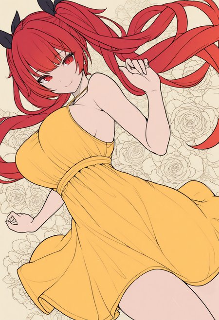 masterpiece, best quality, 1girl, solo, H0n0lulu, red eyes, red hair, long hair, twintails, hair ribbon, black ribbon, large breasts, lineart, smile, yellow sundress, floral background, print background, dutch angle, dynamic pose, <lora:ChamHonoluluNoob:1>