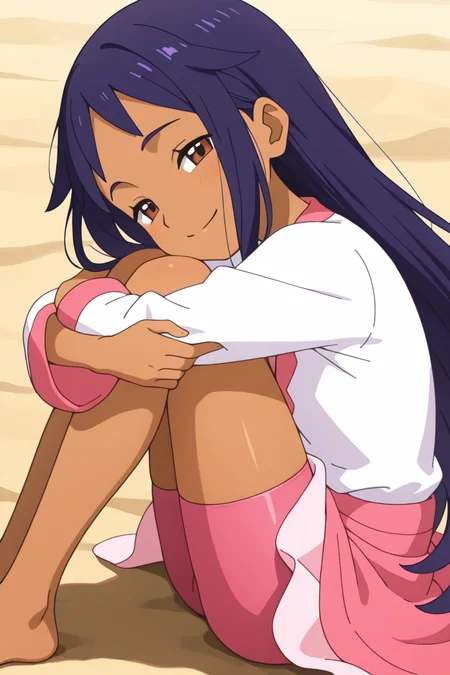 1girl,   (beach:0.8), sand, barefoot, wind,hair in the wind,smile, half-closed eyes,  from side,looking at viewer, upper body, sitting, sitting_on_sand,, hugging own legs,
<lora:iris_champion_2:1.0> iri5cham1on,dark-skinned female, dark skin, brown eyes,
pink bike shorts,
purple hair, very long hair, (alternate hairstyle,:1.3)  (straight hair,:1.2)
white shirt, pink v-neck,  pink sleeve cuff,
middle pink ribbon,pink skirt, light pink skirt edge,, masterpiece, high quality, absurdres, best quality, very aesthetic, newest,