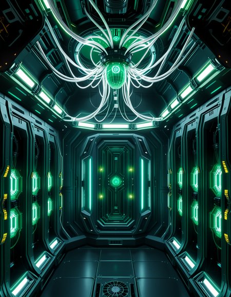 A dark, oppressive regeneration chamber deep within a Borg vessel â a biomechanical environment where drones return to recharge and interface with the collective. The chamber is dimly lit with pulsating green and white lights that flicker through dense shadows. The walls are lined with vertical alcoves, each containing a Borg drone standing motionless, plugged into the system via biomechanical tendrils, tubes, and neural interfaces embedded into their bodies.
The surfaces of the room are a fusion of metallic plating, organic texture, and cybernetic growths â as if the ship itself is alive, constantly shifting and adapting. Steam hisses softly from vents near the floor, and faint mechanical whirring echoes through the chamber. Fiber optic cables pulse with data transmissions, running across the ceiling like glowing veins. 
Above, a central neural conduit hangs like a mechanical spine from the ceiling, branching out and connecting to each alcove, feeding the collective hive mind with real-time information. The atmosphere is cold, sterile, and unnervingly silent â a place devoid of individuality, where only the will of the collective exists. There is no comfort here, only efficiency, order, and total control. 
<lora:SDXLFaeTastic2400:0.4> <lora:extremely_detailed:0.4> extremely detailed,<lora:borg_recharge_ch4mb3r:1>,borg recharge ch4mb3r, Masterpiece,best quality,hi res,8k,hi res,8k,award winning,(sharp focus, intricate, highly detailed),
