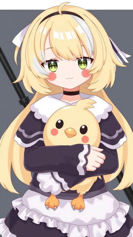 inis, blonde hair, green eyes, smile, streaked hair, headband,
hugging a round yellow bird plushie, 