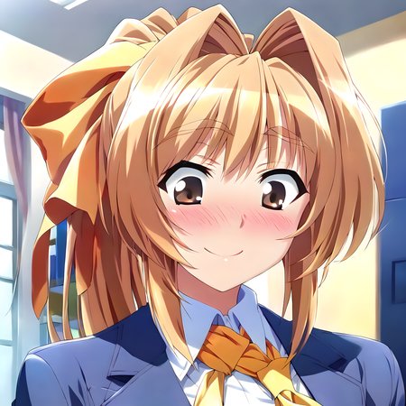 <lora:pony_xl_rumi:0.8>,rumi,score_9,score_8_up,score_7_up,source_anime,1girl,solo,orange hair ribbon,ponytail,blue suit,long_sleeves,white collared shirt,yellow tie,office,indoor,face close-up,blush,smile,embarrass,i'm looking down,i'm glad,front view,looking_down,arms_behind_back,