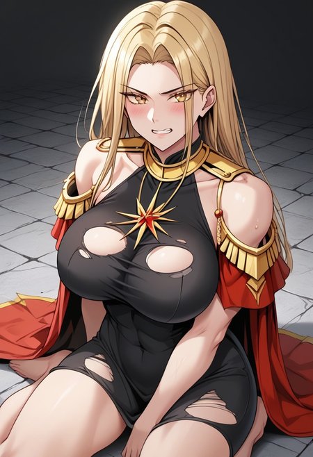 score_9, score_8_up, score_7_up,  source_anime, rating_explicit, 1girl, breasts, skirt, thighhighs, solo,1girl, breasts, Victoria,1girl,  mature female, (huge breasts:1.3),(military uniform:1.3), red coat, black thighhighs, gloves, red skirtred_cape, blonde_hair, solo, long_hair, cape, dress, clenched_teeth, small_head, yellow_eyes, glaring, looking_at_viewer, angry, stone_floor, teeth, kneeling, (black_dress:1.5), barefoot, covered_navel, covered nipples,sweat, scowl, parted_bangs, thighs, bare_legs, covered_breasts, bangs, sitting, v-shaped_eyebrows, blush, japanese animation, absurdres, toned, black_hair_tie, high contrast, aesthetic, toned, vivid color, muscular, (wide_shoulders:1.2), wide hips, 2d, thighs, beautiful, sexy, black_clothes, cute_face,open_mouth,bangs, (thick_thighs:1.2), (huge_hips:1.2), (large shoulders:1.2), finely detailed beautiful eyes, finely detailed face,delicate facial features, (tall:1.4), small head,  beautiful eyes and detailed face,toned,(healthy_body:1.2), (best quality, high quality, masterpiece, hyper detail, detailed face,detailed_eyes,detailed_pupils:1.3), collarbone, (detailed_eyes:1.5) ,(masterpiece:1.7),(high quality:1.7), same_eyes,same_pupils,(clear:1.5), detailed_eyes, collarbone, bangs, detailed_eyes, black_clothes, detailed_arms, amazing quality, (large_shoulders:1.4), wariza, (torn_clothes:1.5), upper body, covered_shoulders, muscle, broken floor, detailed_hands,taut_clothes,epaulettes, wall