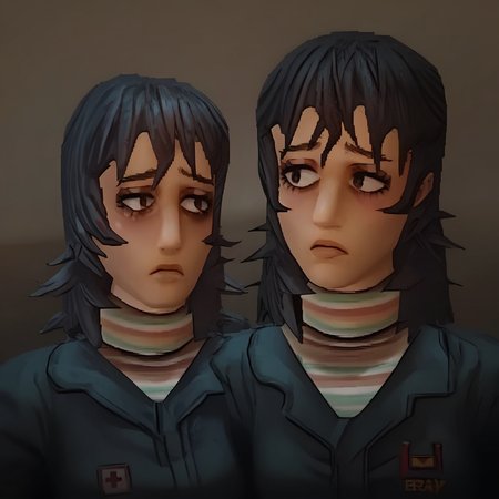 Anyamw, score_9, score_8, 2girls, BREAK 1girl, jumpsuit, striped sweater, portrait, sad, BREAK side on side, BREAK 1girl, happy