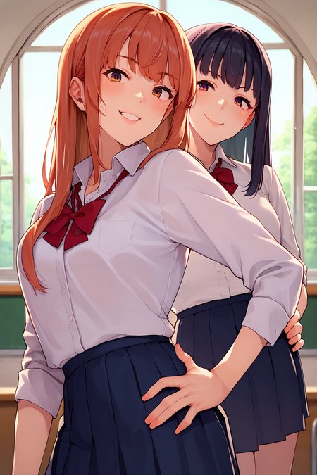 score_9, score_8_up, score_7_up,   multiple girls,   long hair, blush, smile, school uniform, :d, bangs, shirt, skirt, collared shirt, hands on hip,
,   <lora:Henkuma_PonyXL_dim64-000032:0.9>
