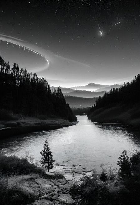 (real life,  score_7_up, score_8_up, score_9_up, detailed beautiful landscape, bloom, volumetric lighting,  grayscale, no colors, forest, winter, valley, big mountain, clear sky, shooting stars, stars, focus on sky, night, silhouette, river, depth of field,