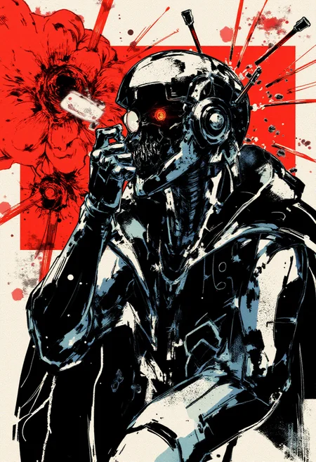 <lora:Yoji_Shinkawa_Style_FLUX-000012:0.9>
This is a digital illustration in a manga-inspired, dark, and gritty yshinkawa style. The artwork features   a robot getting drunk