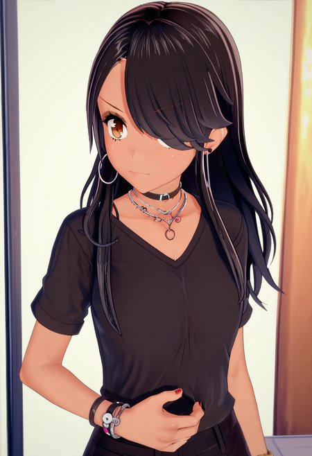 source_anime, score_9, score_8_up, score_7_up, score_6_up, score_5_up, score_4_up, 1 girl, solo, <lora:Chika_Chosokabe_from_LIL_PonyXL:1>, chika, gyaru, black hair, hair over one eye, bangs, hoop earrings, hoop earrings, choker, shirt, upper body, black choker, necklace,, In the Starlit Dunes with Shifting Constellations, Fingers making a "V" for victory,