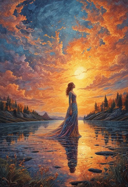 pastel colors, ah_signac, ral-lava, Arttrttrt, romantic art, low angle, This fantastical painting portrait of a teen girl by a tranquil lake at sunset with clouds across the sky. ((The teen  girl's dress is like feathers of peacock with incredible detail, individual vibrant colors, glowing under sunlights.)) The setting sun bathes the scene in a warm golden light creating an ethereal atmosphere. The clouds in the background are depicted in a gradient of colors from soft yellow and oranges to deep blues and gold adding to the dreamlike quality of the scene.