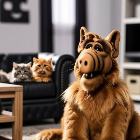Alf1024,  a furry with several cats, in a livingroom, detailed eyes, highly detailed, photography, ultra sharp, film, bokeh, professional, 4k  <lora:add-detail-xl:1.5> <lora:Alf1024:0.7>