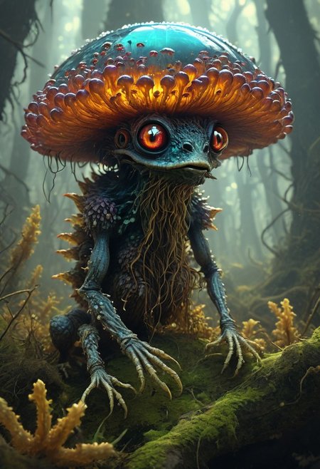 <lora:TheWeirdies_epoch_10:0.78>  
Perched atop a towering mushroom, the Spore Watcher surveys its domain with fungal tendrils twitching in anticipation. Its body is covered in a thick layer of mycelium, blending seamlessly with the surrounding fungal forest. The creature's spore-laden breath and luminescent eyes give it an eerie, otherworldly appearance, making it nearly indistinguishable from its surroundings.
in the style of the decaying empire of Würstreich, dark magic and grotesque creatures abound, inspired by Sean Aaberg's punk aesthetic, dark fantasy world combines grim landscapes with vibrant, exaggerated colorful art, heroes skirmish monstrous foes in a setting where rebellion, decay, and mysticism intertwine, crafting a unique, immersive vibe
<lora:add-detail-xl:1>