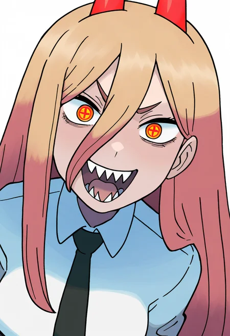 sugimori ken,
best quality, amazing quality, very aesthetic, absurdres,
1girl, power \(chainsaw man\), pink hair, blonde hair, red horns, red eyes, cross-shaped pupils, long hair, sharp teeth, hair between eyes, symbol-shaped pupils,
collared shirt, black necktie, long sleeves,
looking at viewer, white shirt, open mouth,
simple background, white background, smile, upper body   <lora:KenSugimoriIllustriousLocon_byKonan:1>
