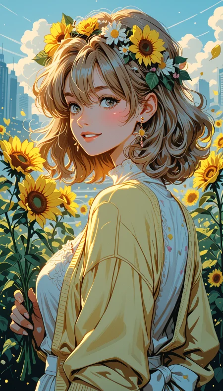 masterpiece, Shinkaistyle,
pinkretroanime, retro art,
Cyberpunk Style, cyberpunk, science fiction, hi tech, future tech, neon, (Cybernetics:1.25), (Neon Cityscape:1.4), (lineless:1.5), smooth edges, (lighten the face:1.5), tall body, slender body, fit body, long legs, In this illustration, a young woman with blonde hair and blue eyes stands in a field of golden flowers. She's adorned with a wreath of flowers on her head, adding a touch of nature's bounty to her ensemble. Her attire is a simple yellow top paired with a white apron, suggesting she might be a farmer or someone who works with plants. She holds a bouquet of sunflowers in her hands, their vibrant yellows contrasting with the greenery around them. The flowers' bright color stands out against the backdrop of the field. The field itself is lush and verdant, dotted with more sunflowers. Above the woman, the sky stretches out, filled with fluffy white clouds that add depth to the image. The lighting suggests it's a bright day, as indicated by the soft shadows on the ground. In the distance, there is a yellow building, its vibrant color mirroring the sunflowers in the field. The relative position of the woman and the flowers indicates she is close to the building. The entire scene exudes a sense of tranquility and harmony with nature., 1girl, solo, breasts, looking at viewer, blush, smile, short hair, open mouth, bangs, blue eyes, blonde hair, brown hair, shirt, hair ornament, long sleeves, dress, bow, holding, hair between eyes, brown eyes, jewelry, medium breasts, standing, jacket, white shirt, upper body, flower, white hair, grey hair, earrings, outdoors, frills, parted lips, open clothes, sky, teeth, day, looking back, hair flower, medium hair, from behind, nail polish, white dress, grin, blurry, from side, sweater, open jacket, blue sky, lips, fingernails, looking to the side, grey eyes, petals, eyelashes, depth of field, blurry background, rose, leaf, wavy hair, floral print, sunlight, light brown hair, cardigan, white bow, plant, white flower, lace trim, light particles, backlighting, arm at side, curly hair, bouquet, pink lips, yellow flower, nose, sunflower, holding flower, stud earrings, back bow, yellow jacket, open cardigan, head wreath, field, white rose, holding bouquet, falling petals, flower field, orange jacket, yellow sweater, sleeves past elbows, orange flower, flower earrings, daisy, flower wreath, yellow cardigan, sunflower hair ornament