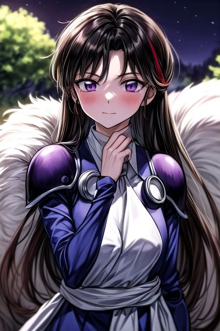 masterpiece,  best quality 1girl Setsun4 solo long hair,  (night time) forest background black hair very long hair purple eyes multicolored hair armor (fur trim) (medium body),<lora:EMS-179-EMS:0.800000>,<lora:EMS-293862-EMS:0.800000> bow, hair_bow, hair_tubes, red_bow, brown_hair, long_hair, bangs, ascot, frilled_bow, yellow_ascot, blush, smile, hair_between_eyes, athletic, armor, miko