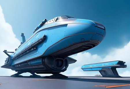 sci-fi, Futuristic, aJed-Rst spaceport, tarmac, (Rusty spaceport buildings):1.3, (((beautiful, hyper realistic, high quality, highly detailed))), sleek blue neotech spacecraft (freighter),