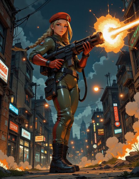 <lora:gc_vintage:1> vintage <lora:Fancha_style_v.5:1> Fancha style <lora:Anime v1.3:1> <lora:Street_Fighter_-_Cammy_White:1> SF-Cammy  <lora:M134_Minigun_From_The_Hip_Flux:1>