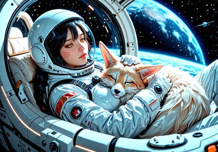 1girl,Masterpiece, ((Ahri)),looking away,best quality, ultra-detailed, 8k, cinematic lighting, fantasy art,foxgirl, 9tails, white tails,ears hidden under helmet,kitsune,black long hair, single braid,yellow eyes,slit pupil,Facial mark, perky medium breasts, c-cup,(wears full body astronaut suit:1.2),astronaut helmet,on the moon, space,(alone,:1.7), unconscious,peaceful expression, closed eyes, laying down,((head on her own tails:1.4)),(resting her head on her own tail),
tail bent gently under her cheek, fluffy and soft,
focus on comfort and softness,
tails cradling her head, ,moonlandscape,dusty surface, moonbase background, high fantasy style,realism,realistic,3d, SmoothNegative_Hands, Smooth_Quality, Smooth_Negative