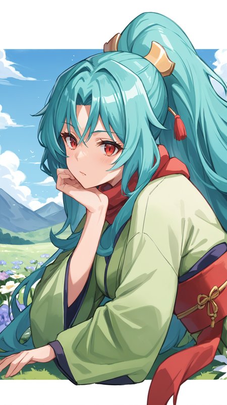 score_9,score_8_up,score_7_up,score_6_up, source_anime, zPDXL, <lora:xl_more_art-full_v1:0.5>, woman, dynamic pose, head rest, <lora:Tomoe  - Pony-000004:0.8>, green kimono, long hair, aqua hair, ponytail, red eyes, red scarf, red obi,  open field, meadow of flowers, mountains in background,