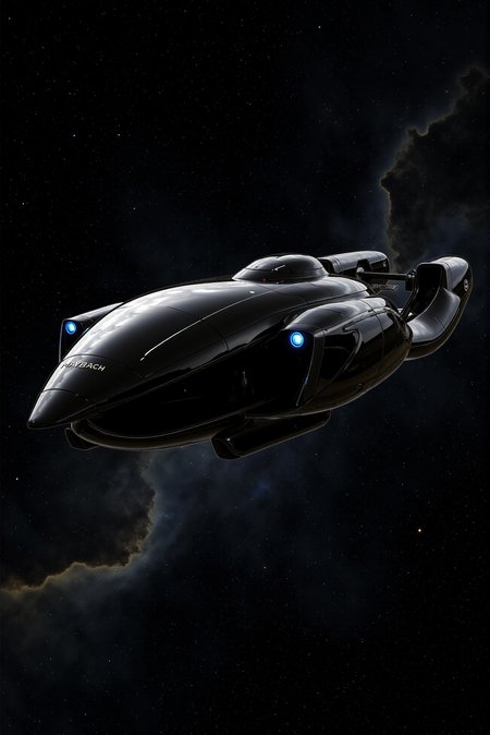 <lora:SpaceCraft_v.5:0.8> SPCCRFT style.
A hyper-refined deep-space massive dreadnought with a silhouette inspired by luxury sports aerodynamics, finished in high-gloss obsidian black and satin chrome accents, its frame streamlined into a colossal monocoque fuselage with recessed weapon bays and seamless paneling; the tiny cockpit canopy blends into the body like tinted glass armor, while rear-mounted engines emit a subtle cobalt glow; the dreadnought glides across a star-dense void, its form a fusion of organic curvature and advanced aerospace design, captured in a broadside profile that emphasizes grandeur and sculptural elegance with chiaroscuro reflections running across its hull. Inspired by brutal, monumental and menacing design of Maybach, luxury icon.