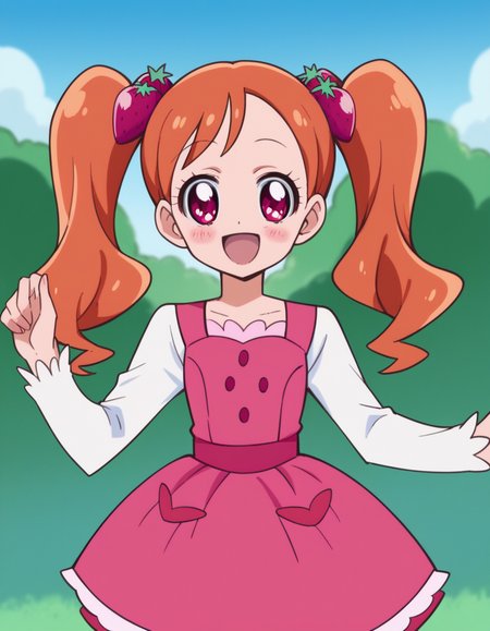 score_9, score_8_up, score_7_up, source_anime,
<lora:ichika-usami-anime-ponyxl-lora-nochekaiser:1>, ichika usami, hair ornament, twintails, pink eyes,
orange hair, long sleeves, dress, pink dress, food-themed hair ornament, strawberry hair ornament,
outdoors, smile, blush, open mouth,
looking at viewer, cowboy shot, dutch angle, solo,