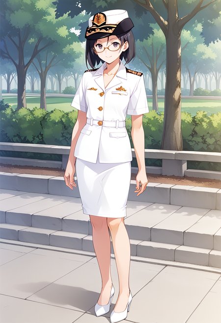 solo, standing, full body, park, 
 <lora:KC_05BB_kirishima_pony:1> kirishimakc, black_hair, short hair, glasses, green-framed eyewear, black eyes,       kirishimaJSDFkc, military_uniform, white uniform, peaked cap, white skirt, white belt, pencil skirt,white heels, score_9,score_8_up, score_7_up, source_anime, masterpiece, best quality,  official art, official style, game cg, megami magazine, rating_safe, rating_questionable, <lora:Fixhands_anime_bdsqlsz_V1:0.75>, NEGATIVE_HANDS