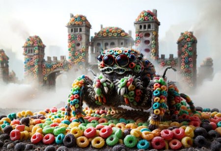 a detailed scene of a jumping spider inspired predtank made of fruit loops, against a background of a smoky battleground, ruined buildings, smoke, bokeh background, dynamic composition