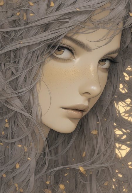 Artwork  by moebius, there is a woman with long hair, naoto hattori, mark brooks and brad kunkle, style of aesthetic, comic book artwork portrait of a young woman 22yo, she has a striking light gray eyes, long eyelashes and well-defined eyebrows, catchlights, portrait masterpiece, perfect beautiful face , (light freckles:0.3) , sparkling eyes, sad expression, intimate and engaging portrait with a sense of mystery,  ethereal abstractions, background is minimalist, duo-toned color graded, finely detailed, beautiful cleavage, simmetry, high budget,  sharp focus, intricate fractal details, analog drawing ,  eye catching, drab, <lora:eye_catching:0.4> ,<lora:MoebiousXL:1>