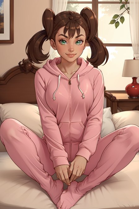 (masterpiece, best quality, absurdres, 4k, aesthetic, detailed, intricate),bedroom,sitting on bed,indian style,1girl, shaunadet,hoodie-footie pjs,smile,green eyes, twintails, brown hair <lora:PKMN_Shauna-DEF:0.7> <lora:footie:0.7>