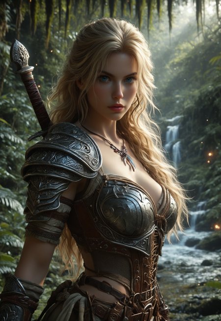 score_7_up, rating_safe, adult woman, amazonian warrior, blue eyes, very long blonde hair, long hair, muscular female, curvy, ((full clothed tribal armor)), gloves, battle stance, holding weapon, knife, jungle, night, outdoors, solo, dramatic lighting, fantasy, detailed realistic photo,
Background: A dense, lush jungle at night, with towering trees and thick undergrowth. Moonlight filters through the canopy, casting dappled shadows and highlighting the dense foliage. The air is humid and filled with the sounds of nocturnal creatures. In the distance, the faint glow of bioluminescent plants adds a mystical touch to the scene.
Additional Details: The warrior's tribal armor is intricately designed with natural materials like leather, bones, and feathers, blending seamlessly with the jungle environment. Her gloves are made of tough, flexible material, perfect for gripping her knife. Her battle stance is confident and powerful, ready for any challenge. Her blue eyes gleam with determination, and her very long blonde hair cascades down her back, catching the moonlight. The dramatic lighting emphasizes her muscular and curvy physique, creating a striking and realistic portrait.
(european beauty girl, upper body)
(((((upper body))))), dynamic pose
 <lora:Dynamic Poses:1>
 <lora:detailed_notrigger:1>