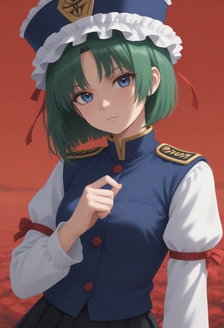 1girl, solo, solo focus, highres, absurdres, shikieiki, green hair, frilled hat, blue eyes, blue headwear, short hair,
long sleeves, black skirt, white shirt, blue vest, red ribbon, epaulettes, small breasts, arm ribbon, buttons, 
looking at viewer, head tilt, expressionless, hand up, 
red spider lily, flower field, red sky, dark, red theme,