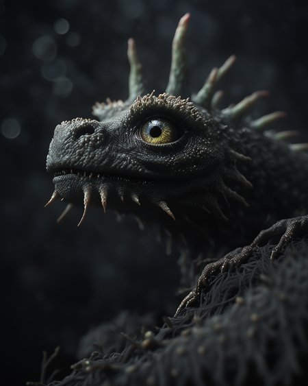 <greenmageddonPONY>, monster dragon, gothic dark creature, sad and scary, aesthetic bokeh, dark gray background, fresnel, backlight, score_9, close up,