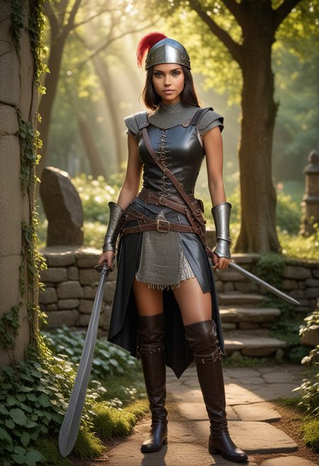 ((fashion photography)), perfect face, perfect eyes, (medium full shot) of  (gorgeous medieval soldier) young woman, black american, dark eyes, dark skin, dark skin, hazel eyes, petite, dark hair,   pikeman, wearing Leather skullcap with chainmail drape, sleeveless gambeson, leather cuirass with rivet accents, steel sabatons, holding Poleaxe with hooked blade and hammer head, set in medieval era,  Enchanted Grove, dappled sunlight filtering through the canopy, a stone altar surrounded by wildflowers, wooden benches draped with ivy, flickering fireflies, and a moss-covered stone fountain , at sunset, smiling at the viewer, masterpiece, best quality, photorealistic, very aesthetic