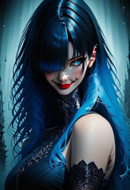 score_9, score_8_up, score_7_up, 
d4rkh0r1z0ncorners, DarkHorizonCorners, UOCsStyle, rating_safe,  1girl, solo, long hair, breasts, looking at viewer, blush, smile, bangs, blue eyes,  large breasts, black hair, closed dress, gloves, dress, bare shoulders, closed mouth,  blue hair, upper body, multicolored hair, elbow gloves, hair over one eye, collar, lips,  gradient hair, red lips,