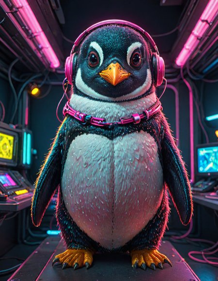 (ombre color scheme of neon pink, neon blue, neon green, neon yellow, neon yellow-red) (in the style of Zdzislaw Beksinski:1.2) (cute:1.4) (anime penguin:1.8) wearing a space helmet sitting at command chair with the lights of the consoles behind, in the style of sci - fi environments, glo - fi, aesthetic, comic, beeple, space background <lora:another-bored-particle:0.55>  <lora:add-detail-XL:0.65>, subsurface scattering, ultra hd, 4k, high def, Photorealistic, Hyperrealistic, Hyper detailed, analog style, realistic, masterpiece, best quality, ultra realistic, 8k, Intricate, High Detail, film photography, soft lighting,  heavy shadow