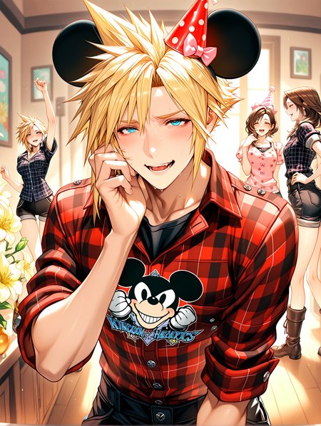 masterpiece, best quality, absurdres, amazing quality <lora:cfg_scale_boost:0.3> <lora:StS-Illustrious-Detail-Slider-v1.0:3> <lora:StS_Age_Slider_Illustrious_v1:3>,detailed_background,indoors,hat,plaid shirt,cloud strife,sleeves rolled up,upper body,hair bow,final fantasy vii,blush,blue eyes,xevir3399,hand up,red shirt,shorts,black shorts,party hat,bow,highres,smile,blonde hair,black shirt,short hair,sora \(kingdom hearts\),flower,flannel,kingdom hearts,boots,mickey mouse ears,final fantasy,plaid clothes,pink bow,male focus,open mouth,shirt,spiked hair,print shirt,hair between eyes,brown hair