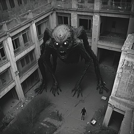 horrorcctvlora, abandoned building, horror (theme), monster, zombie, monochrome, bird view