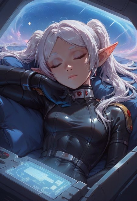 score_9, score_8_up, score_7_up, score_6_up, perfect face, perfect eyes,,4ng3l face ,  1girl, solo,  
nereirfpnxl,frieren, elf, white hair, green eyes, twintails,  , white tight plugsuit, latex, resting, relaxing, ((sleeping, eyes closed)), light smile, 
gundamwingcockpit, futuristic, scifi, controls, joystick, holographic interface, technology,  spaceship, (stars),