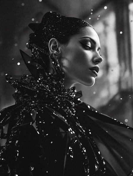 Fashion editorial feel, modern, dancing, cinematic image of an actress by Peter Lindbergh, David Lachapelle and Jeanloup Sieff, Iris van Herpen. Bullur,