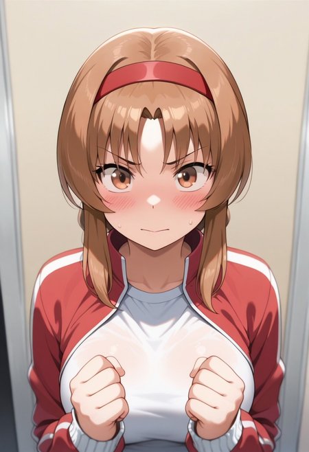 masterpiece,best quality,amazing quality, takao, brown hair, brown eyes, long hair, hairband, 1girl, solo, jacket, braid, red hairband, blush, track jacket, clenched hands, shirt, upper body, open jacket