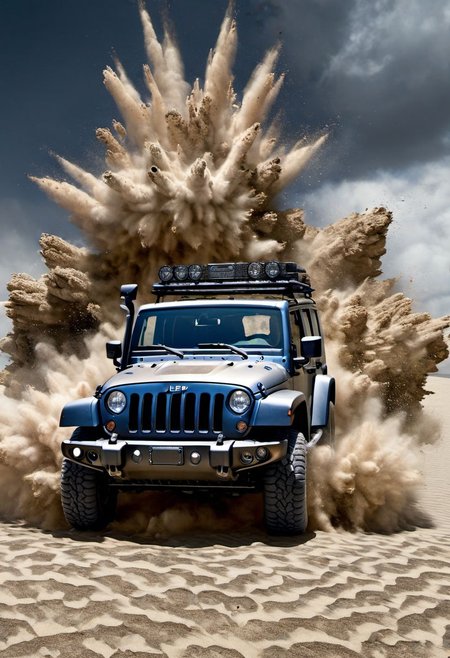 hyperrealistic art (a jeep with hunters:1.1), shots, the sand explodes
 <lora:cxp:1.0> cxp style . extremely high-resolution details, photographic, realism pushed to extreme, fine texture, incredibly lifelike