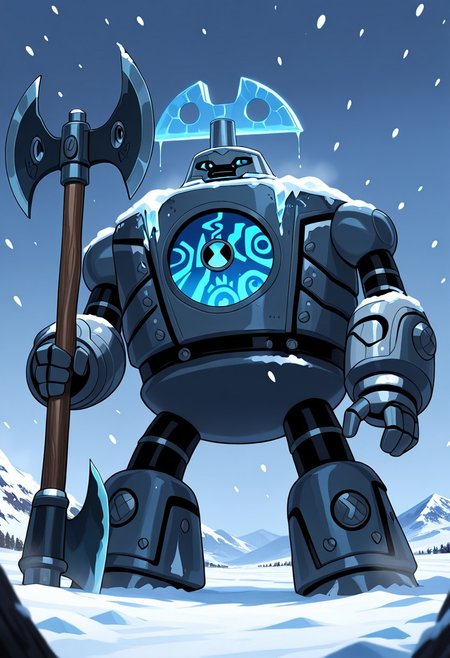 masterpiece, best quality, amazing quality, very aesthetic, absurdres, newest, 
 clockwork, robot, solo, no humans, 
snowing background, heavy snow, freezing robot, ice forming, Viking village, frozen Viking village, holding frozen axe, Viking axe, battle axe,