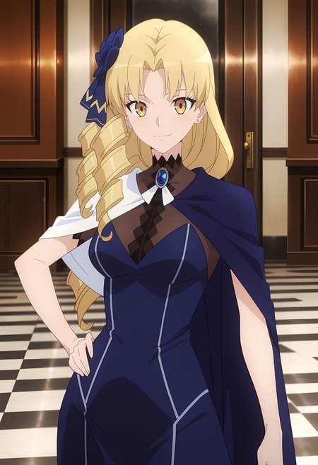 anime screencap, masterpiece, best quality,
<lora:FateSeries_LordEl-MelloiII_EdelfeltLuviagelita_IlluXL:0.9>,
1girl, solo, closed mouth, light smile, light blush,
drill hair, long hair, blonde hair, yellow eyes, hair bow, blue bow, stud earrings,
black choker, side cape, blue cape, white capelet, blue brooch, see-through clothes, blue dress, long dress,
hand on own hip, contrapposto, looking at viewer, cowboy shot,
indoors, checkered floor
