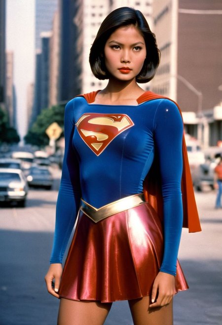 1980s Supergirl film costume, youthful raven-haired Filipino Supergirl, facing forward, shiny voluminous smooth straight side-parting short bob haircut, Supergirl film 1980s, ultra-realistic photo, Hyperdetailed photography, sharp focus