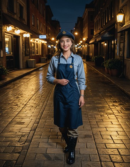 cowboy shot, looking at viewer,female_focus, medium close-up,,A woman wearing a Warm jacket, dusty trousers, boots, hat, pruning shears, gloves, apron ,stands confidently in a bustling city street at dusk. The streetlights cast a warm glow on the pavement, and neon signs flicker in the background. The personâs white gloves contrast sharply against the dark outfit, adding a touch of elegance. A light evening mist rises from the ground, creating a cinematic atmosphere. Pedestrians pass by, some glancing curiously at the well-dressed figure. The cityscape features modern and old architecture, blending tradition with contemporary urban life.
<lora:SDXLFaeTastic2400:0.4> <lora:extremely_detailed:0.4> extremely detailed, Masterpiece,best quality,hi res,8k,hi res,8k,award winning,(sharp focus, intricate, highly detailed),